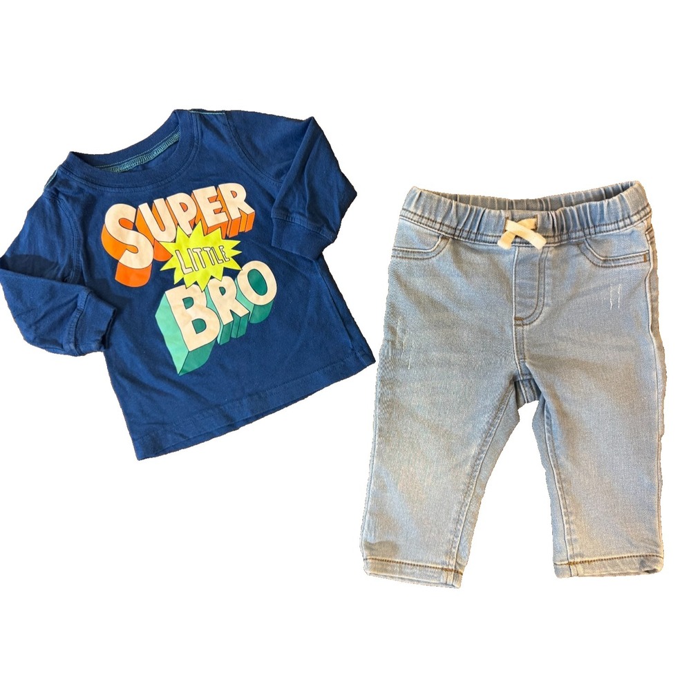 Carters Baby Super Little Brother Bro Shirt Boy 6 Months Clothes Outfit Jeans